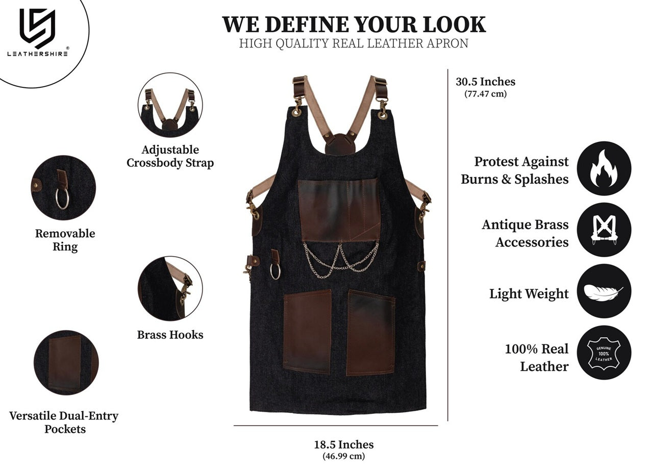 The Bedfordshire New Style Black Denim Canvas and Leather Apron