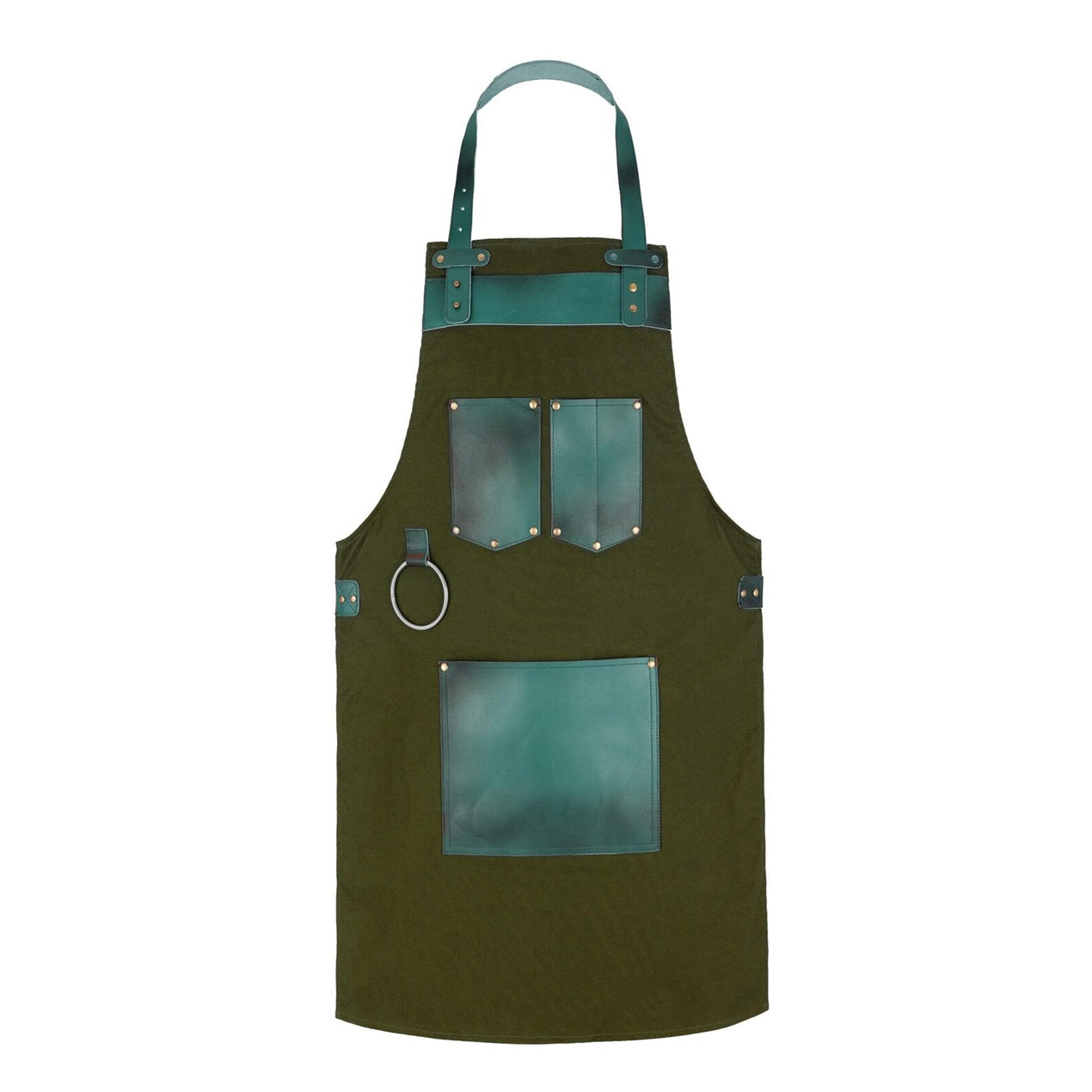 The Essex Full Grain Handmade Green Leather Pocket Canvas Apron