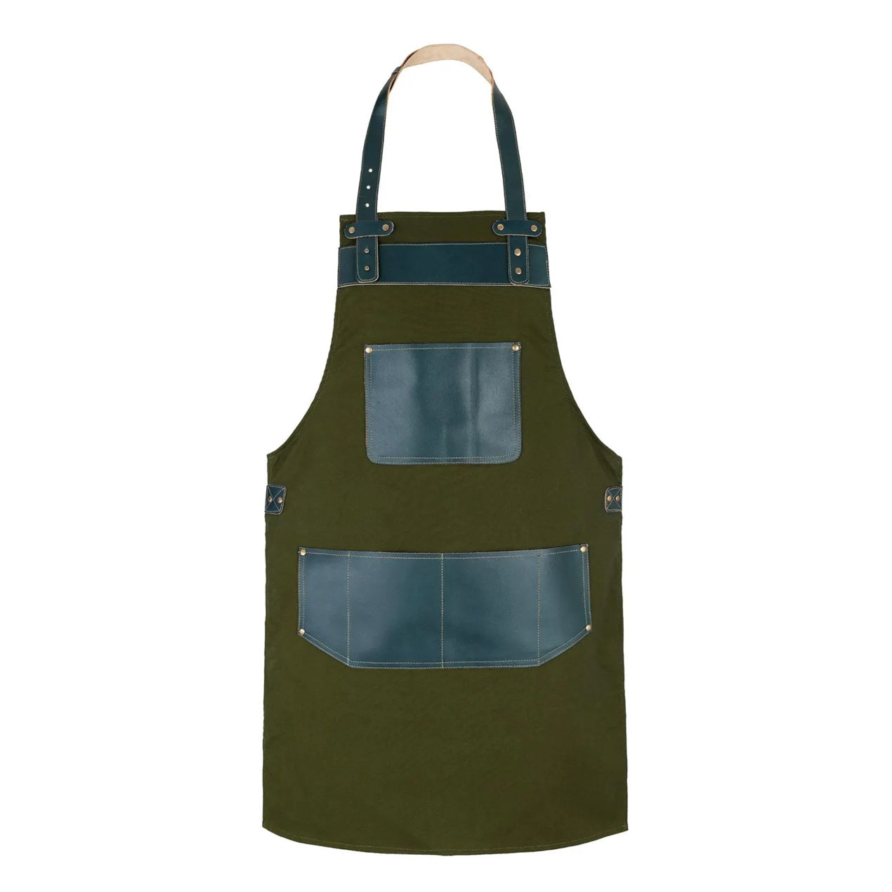 The Essex Full Grain Handmade Green Leather Pocket Canvas Apron