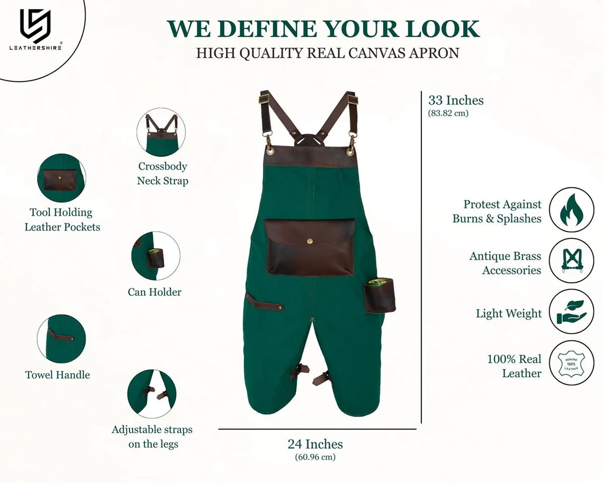 The Devon Irish Green Split Leg Canvas Apron with Can Holder Leather Pocket