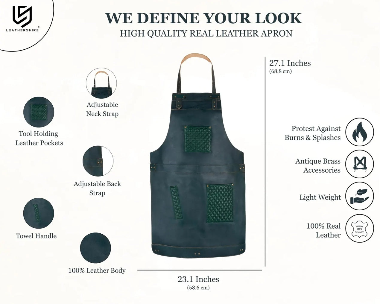 The City of London Leather Apron with handmade stitching on Leather pockets