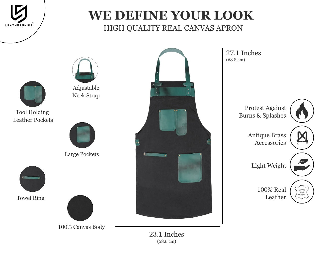 The Essex Canvas Green Handmade Leather Pocket Apron