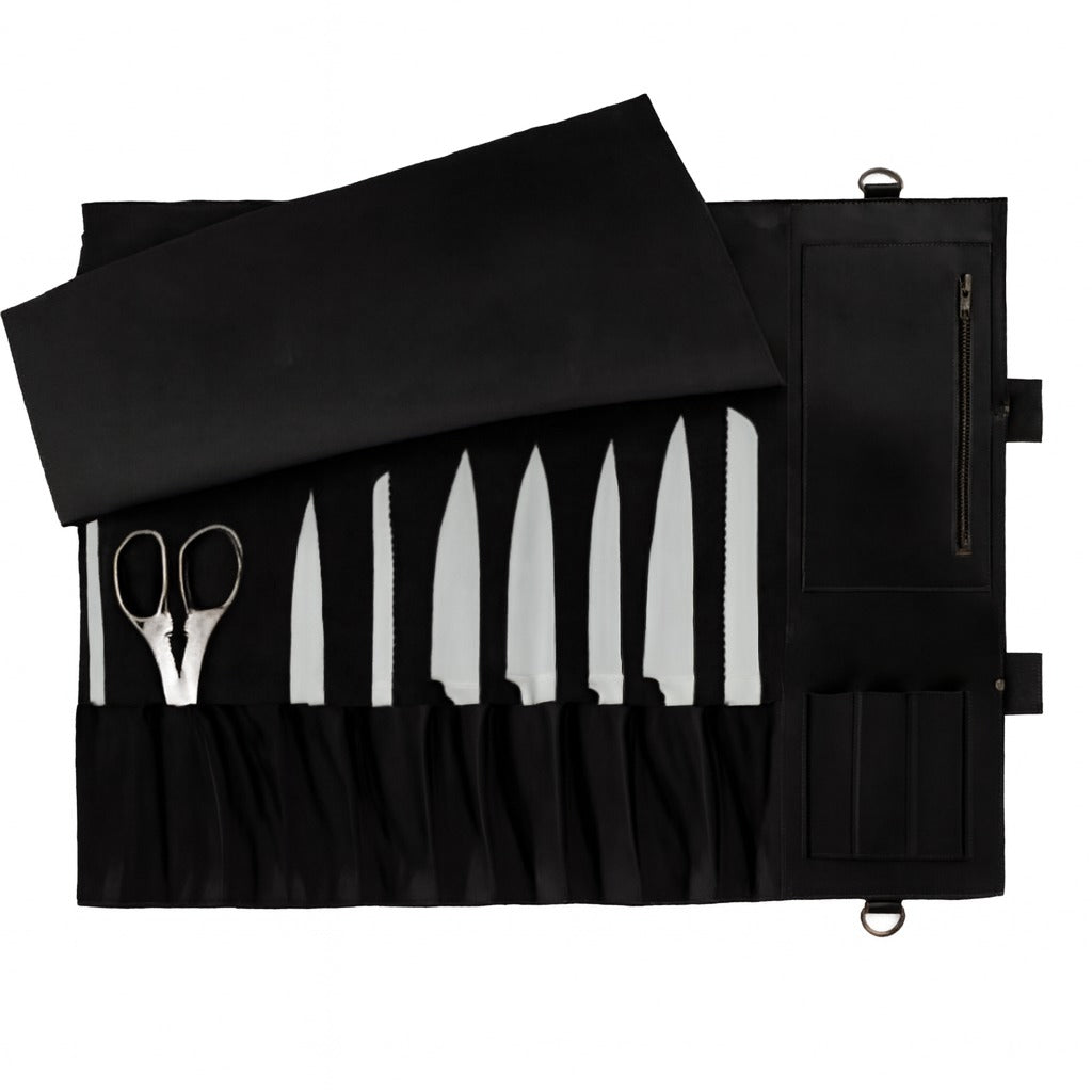 The Surray Full Grain 11 Pocket Handmade Black Leather knife Roll