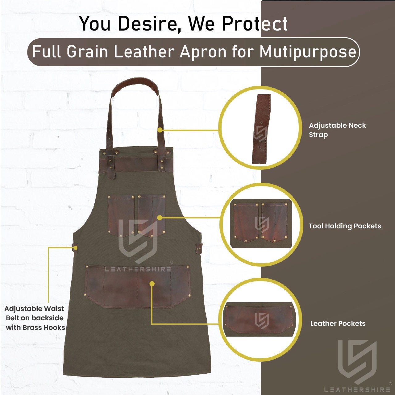 The Northumberland Top Grain Leather Green Canvas Apron
