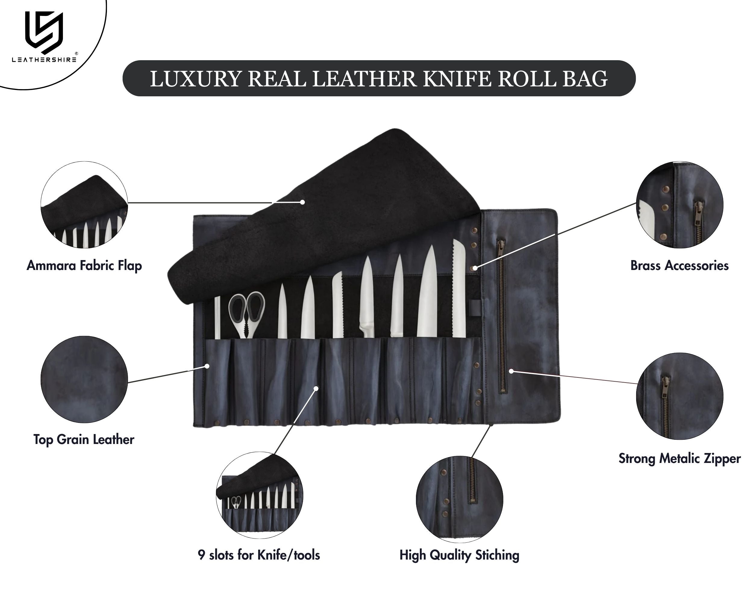 The County Durham Black Wax 10 Pocket Handmade Leather Chef Roll