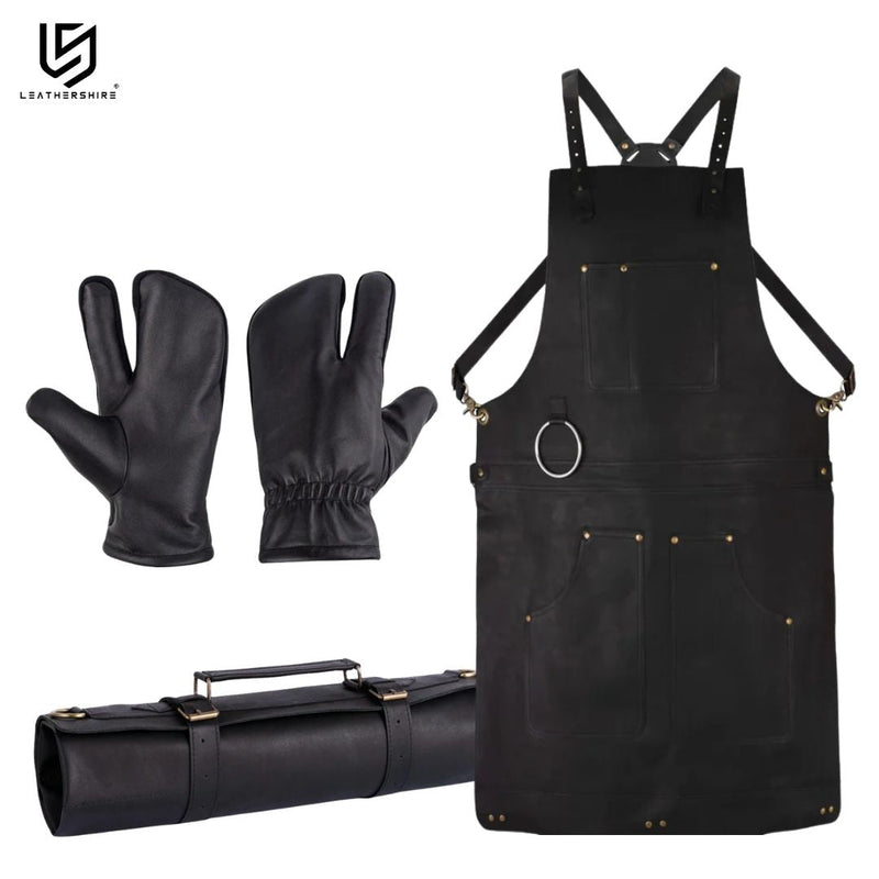 The MasterChef Leather Gift Set (3-in-1) Black Leather apron & Knife Roll with Leather Mitts