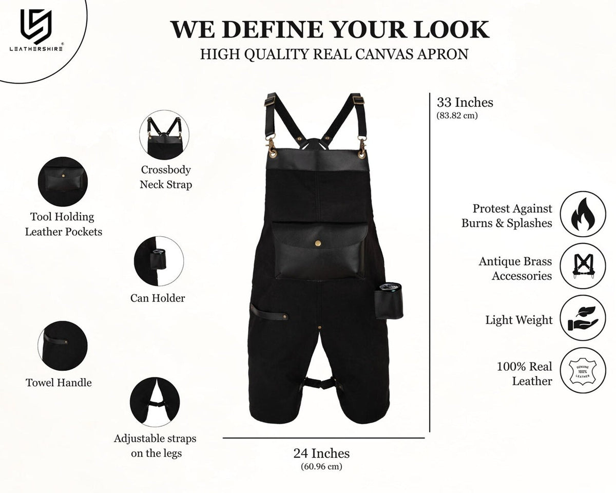 The Devon Black Split Leg Canvas Apron with Can Holder Leather Pocket