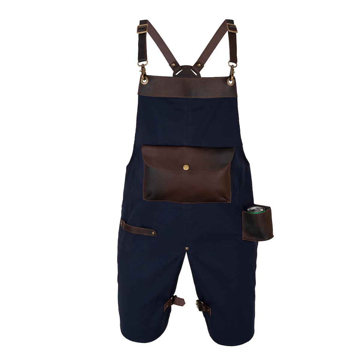 The Devon Blue Split Leg Canvas Apron with Can Holder Leather Pocket
