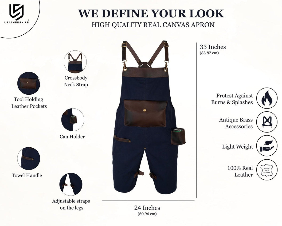 The Devon Blue Split Leg Canvas Apron with Can Holder Leather Pocket